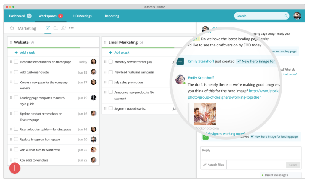 redbooth's interface of work group chat