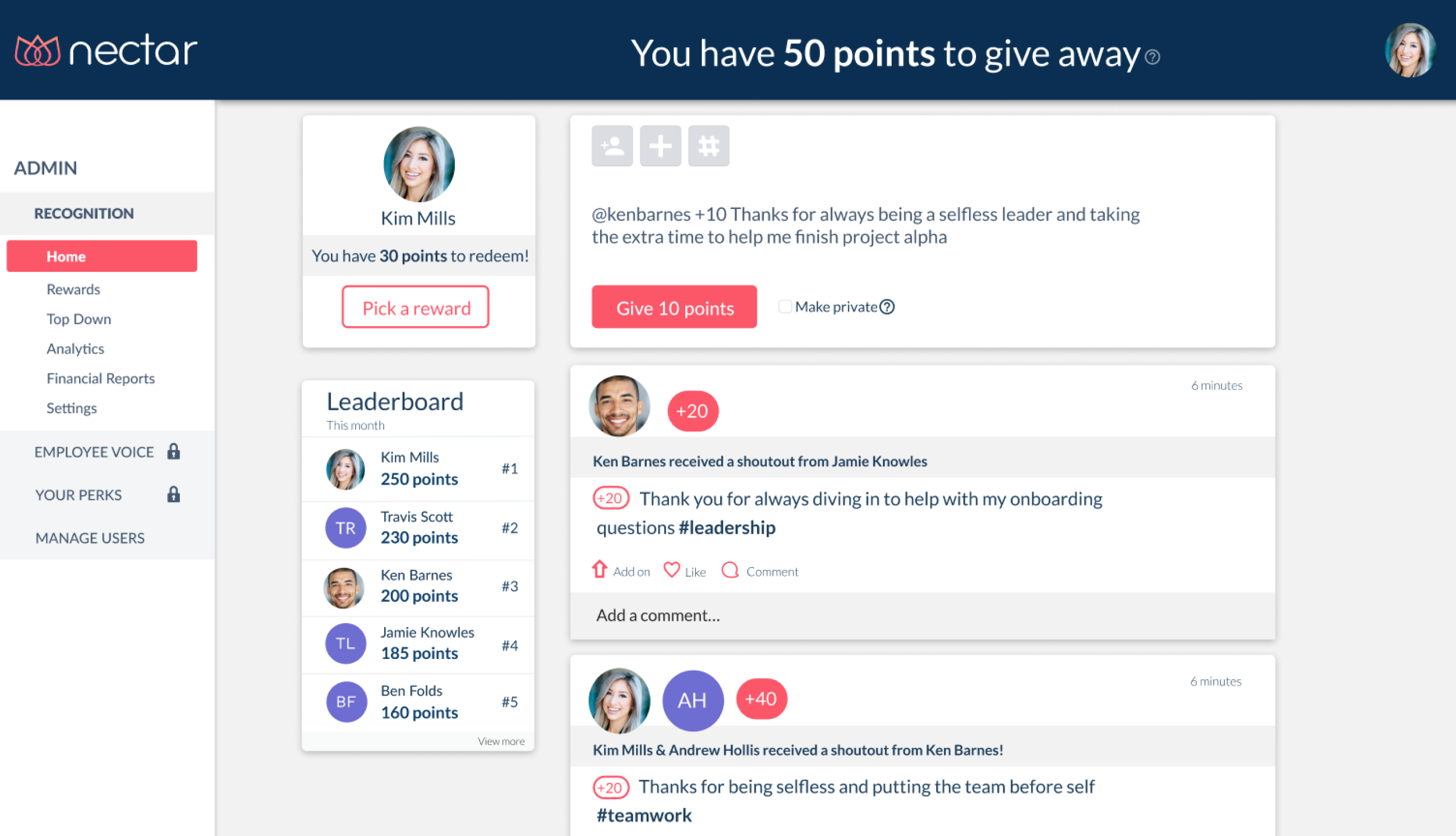 Interfaccia utente nettare Nectar employee recognition software user interface