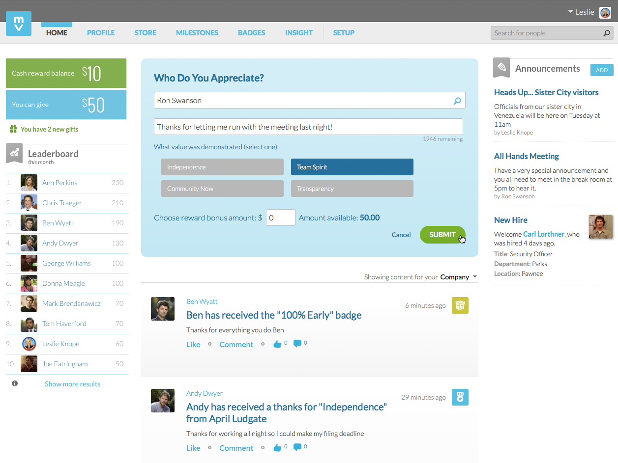 Interfaccia utente di Motivosity Motivosity employee recognition software user interface