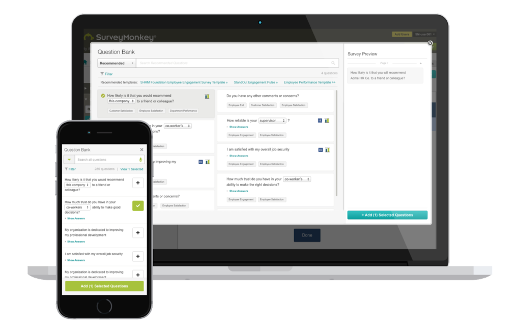 Interfaccia dell'app per sondaggi in tempo reale SurveyMonkey