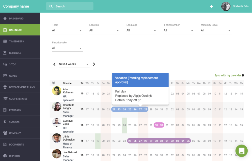 Interfaccia utente del tracker delle assenze di Sage HR