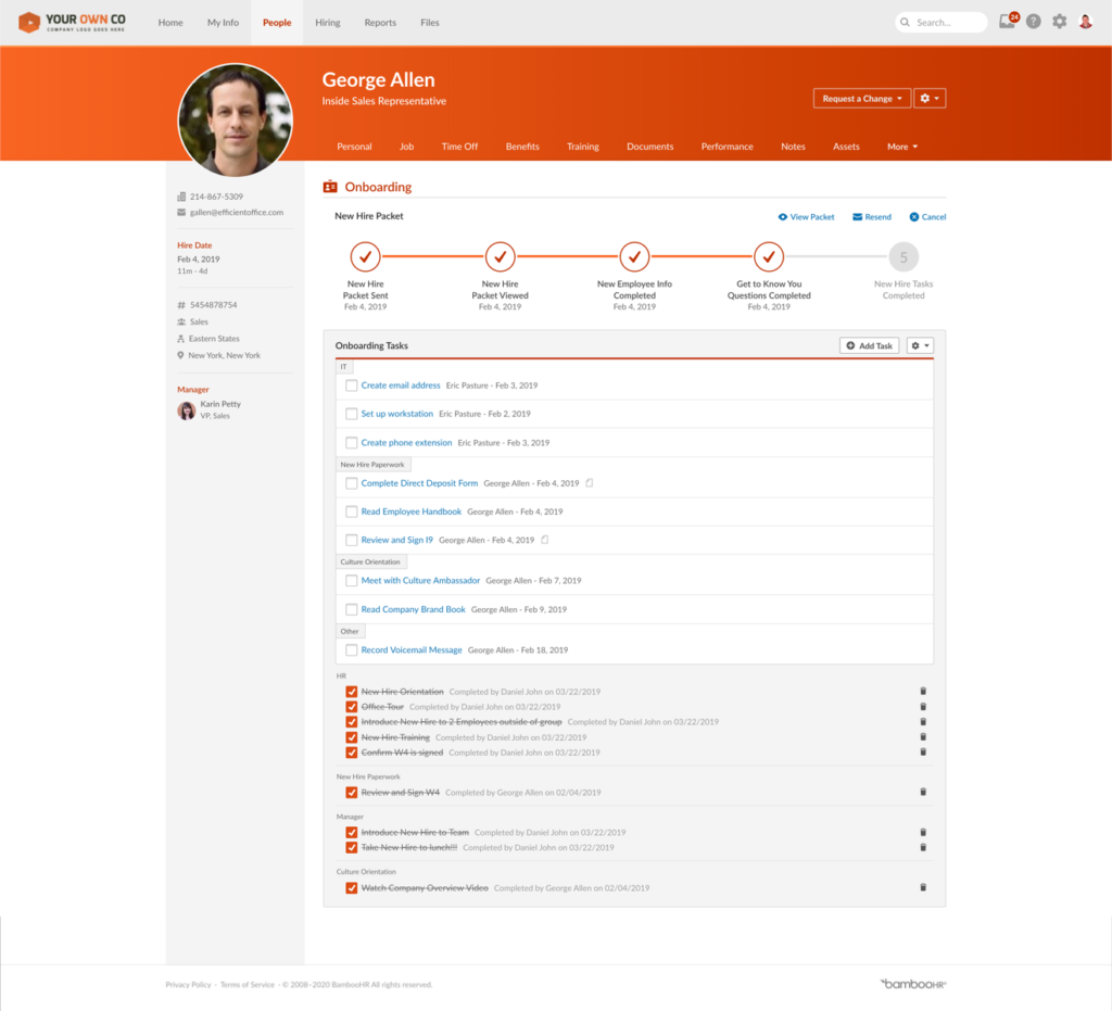 Interfaccia utente del software di onboarding dei dipendenti bamboohr