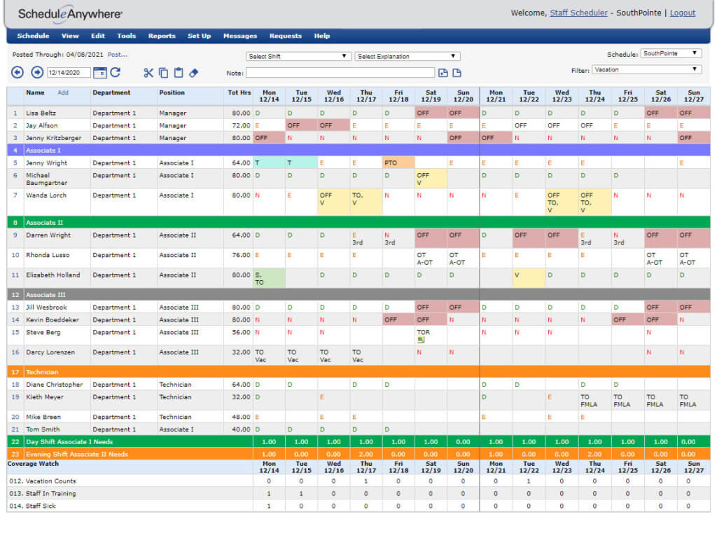 Interfaccia utente di Schedule Anywhere