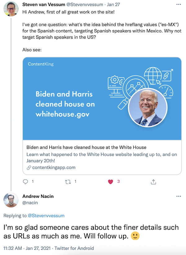 백악관 웹 팀과의 트위터 대화 후속 조치 스크린샷 Screenshot of Twitter conversation follow up with White House web team