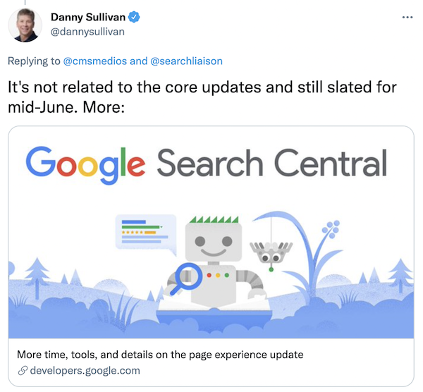 丹尼·沙利文(Danny Sullivan)關於頁面體驗的推文截圖 Screenshot of a tweet from Danny Sullivan on page experience