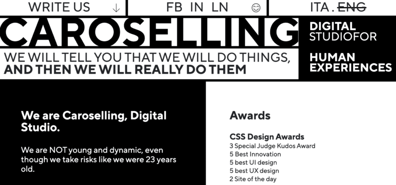 CarosellingWebサイトのスクリーンショット。最小限の図像とテキストで明確な黒と白のセクションが鈍いホームページを構成します