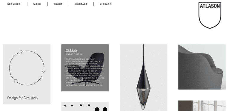 Atlason Webサイトのスクリーンショット。グリッドパターンの3つの製品写真と、「円形のデザイン」と書かれた円のアイコンが付いた灰色のボックスが表示されています。