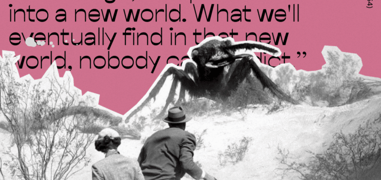 サーモンピンクの背景に黒のテキストで白黒の画像をコラージュ貼り付けしたIlluminatingRadioactivityWebサイトのスクリーンショット