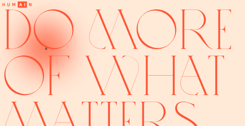 「DOMOREOFWHATMATTERS」という言葉がヒーロー画像に置き換わったHumainWebサイトのスクリーンショット