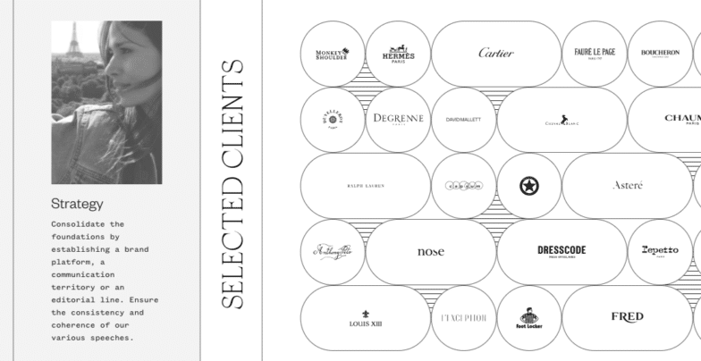 Bonjour Paris Webサイトのスクリーンショット。細い境界線が、水平スクロールサイトの各セクションを区切るのに役立ちます。