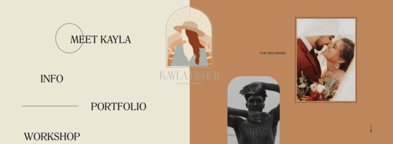 Kayla Fisher Webサイトのスクリーンショット。左側の黄褐色の背景と右側のアーモンド色の背景が、スクロールエクスペリエンスの2つの半分を示しています。