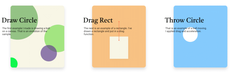 JungikLeeミニサイトのスクリーンショット。 3つの正方形は、「円を描く」、「円を描く」、「円を投げる」の3つのゲームをプレビューします。
