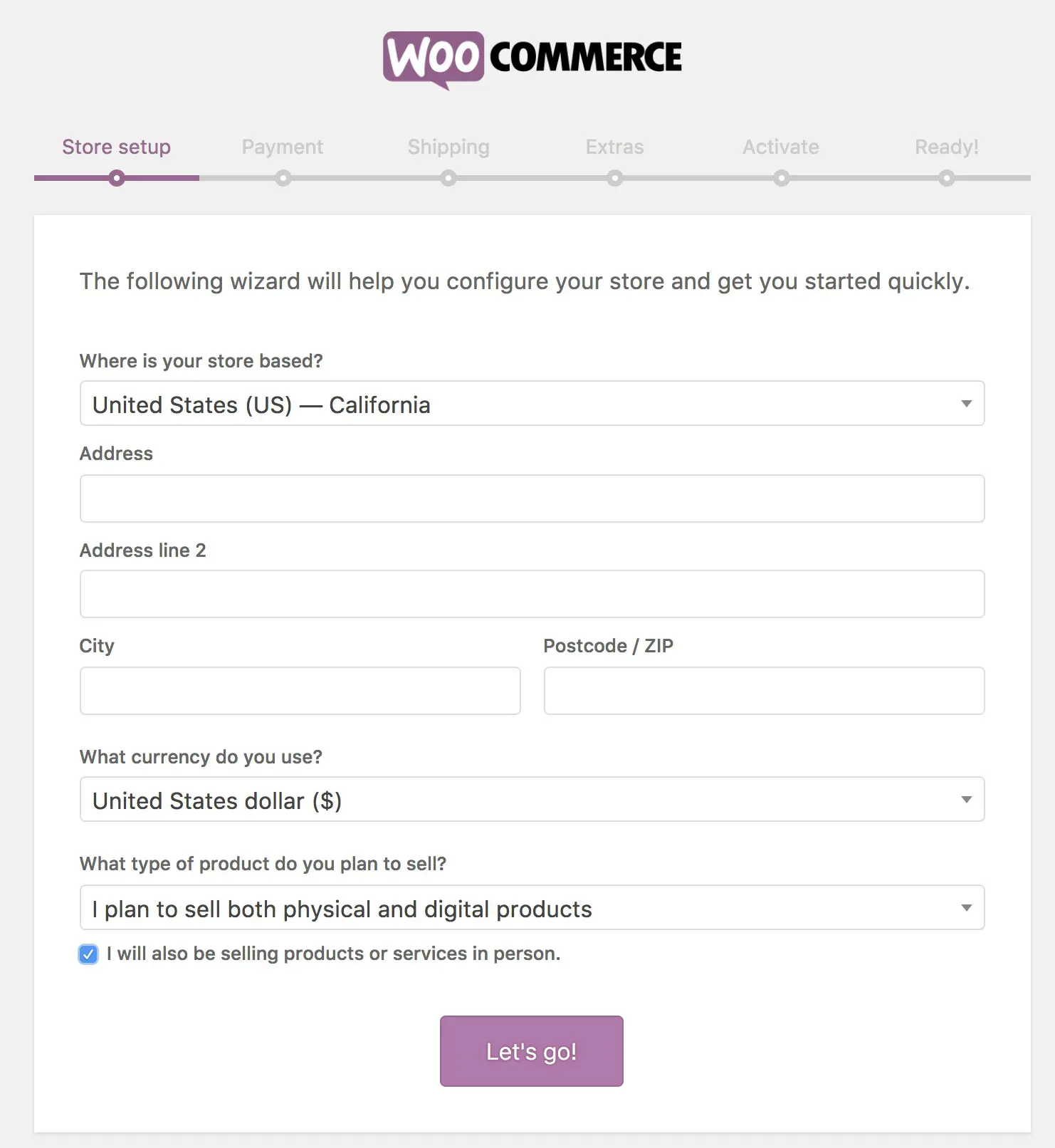 Configurazione del negozio con procedura guidata woocommerce