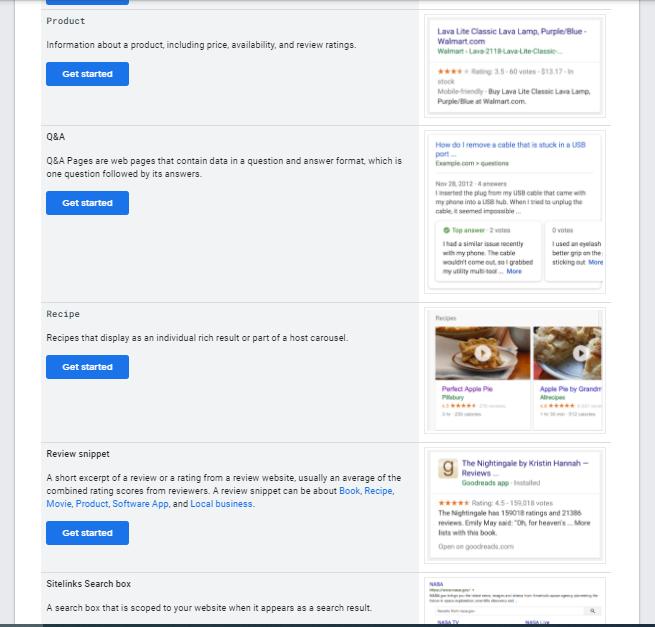 Google'ın Zengin Sonuçlar galerisi