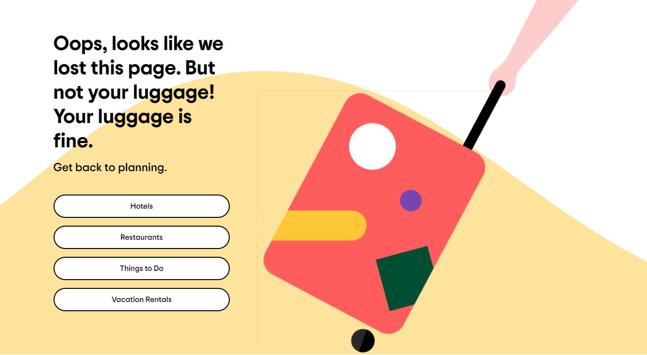 Tangkapan layar halaman 404 Tripadvisor dengan 4 tombol ke sumber daya situs web