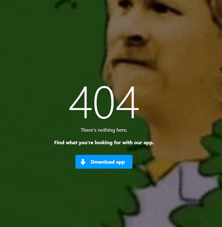 Tangkapan layar halaman 404 9gag dengan tombol "unduh aplikasi" dan gif di latar belakang
