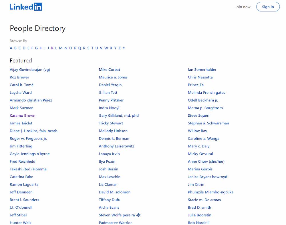 สกรีนช็อตของหน้าเพจ LinkedIn พร้อมรายการโปรไฟล์