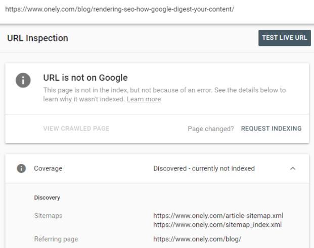 Capture d'écran de l'outil d'inspection d'URL montrant que l'URL n'est pas sur Google