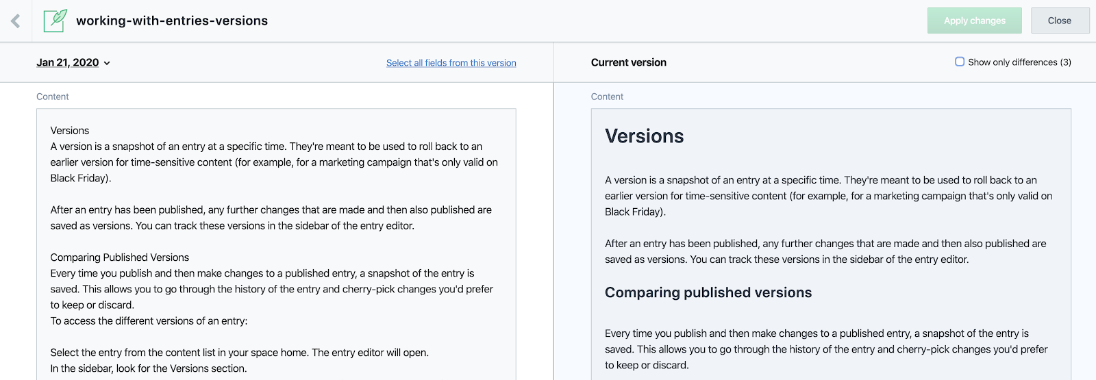CMSのコンテンツの以前のバージョンと現在のバージョン
