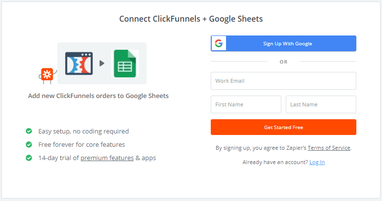 création de compte avec zapier pour connecter votre compte clickfunnels