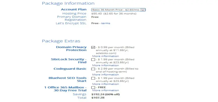 les informations de votre package bluehost