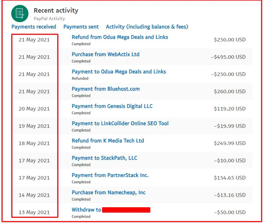 capture d'écran de retrait paypal