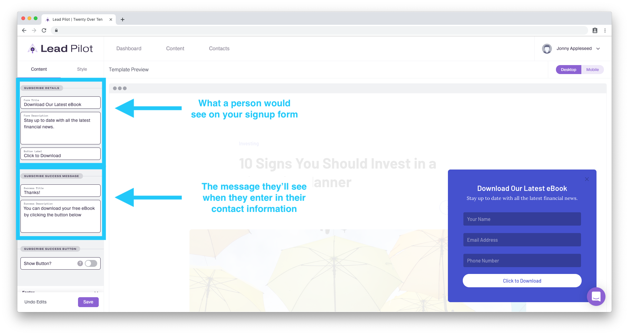 Configuración de contenido privado mediante el formulario de suscripción