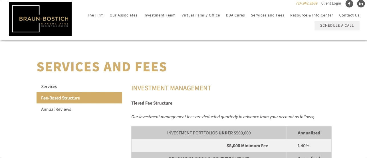 Braun-Bostich 및 Associates 서비스 및 수수료