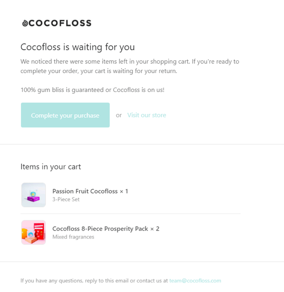 อีเมลแจ้งการละทิ้งรถเข็น Cocofloss Klaviyo