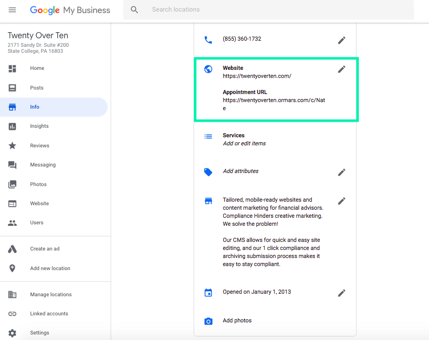 Hinzufügen einer Website-URL zu Google My Business Listing
