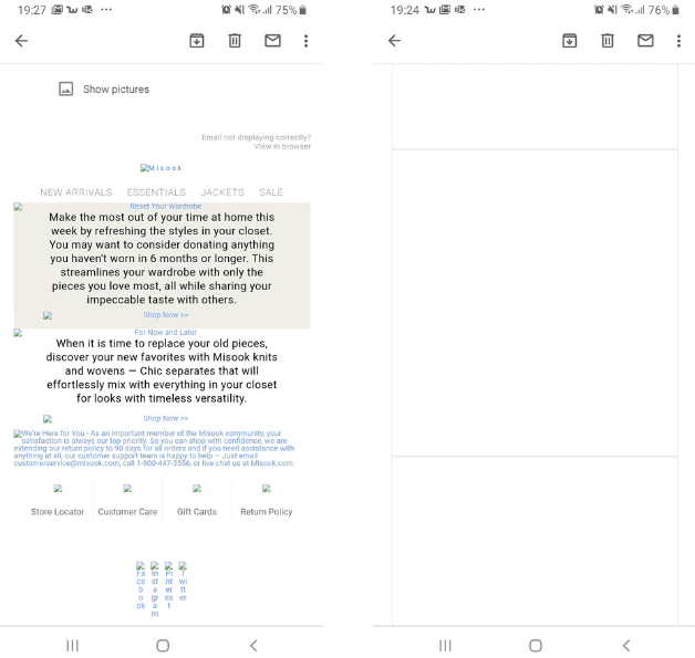 Dois exemplos do mesmo e-mail visualizado com imagens bloqueadas, um com texto alternativo de imagens definido e outro sem texto alternativo de imagem.