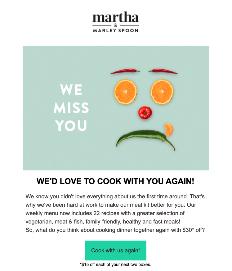 Copie prin e-mail a campaniei de re-implicare Martha și Marley Spoon