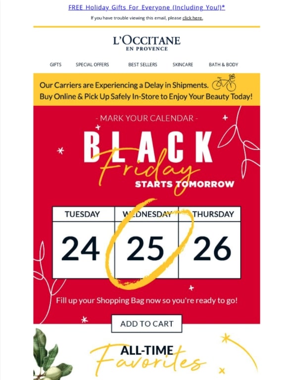 L'Occaitane bot im Rahmen der Black Friday-Aktionskampagne ein Geschenk für jeden Einkauf über 85 $ an