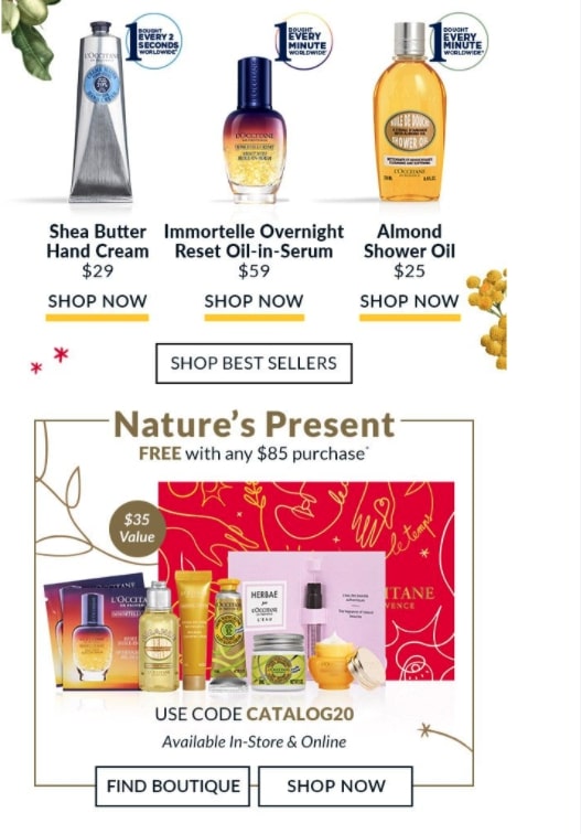 L'Occaitane bot im Rahmen der Black Friday-Aktionskampagne ein Geschenk für jeden Einkauf über 85 $ an