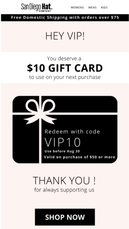 圣地亚哥帽子公司的礼品卡促销示例