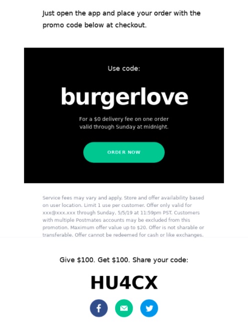 Postmates 的独特代码推广示例