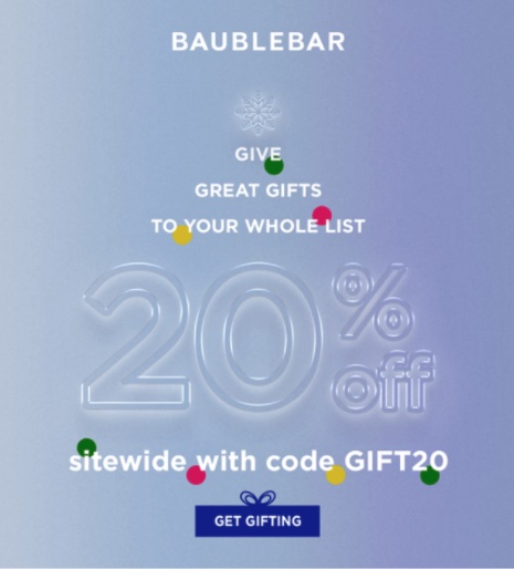 来自 Baublebar 的圣诞广告横幅，在全站范围内提供 20% 的优惠券