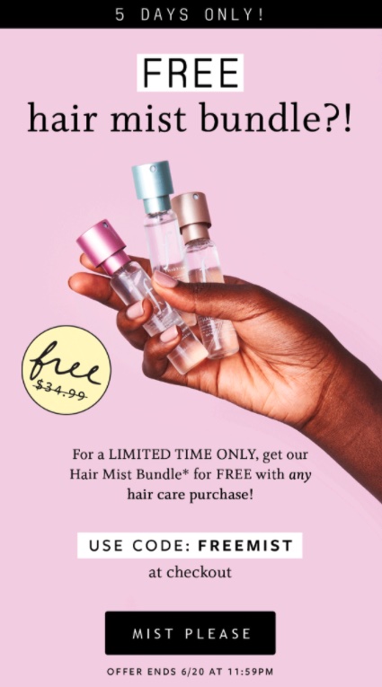 一个单位折扣的例子——在Function of Beauty购买任何产品都可以免费发雾