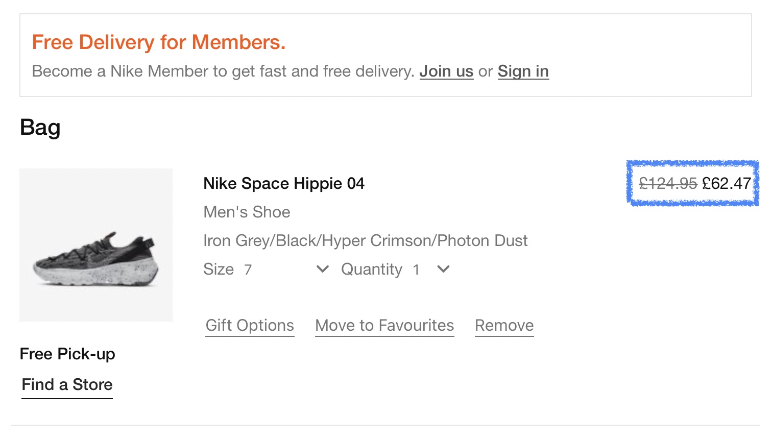 Un exemple de promotion de panier dans la boutique en ligne Nike