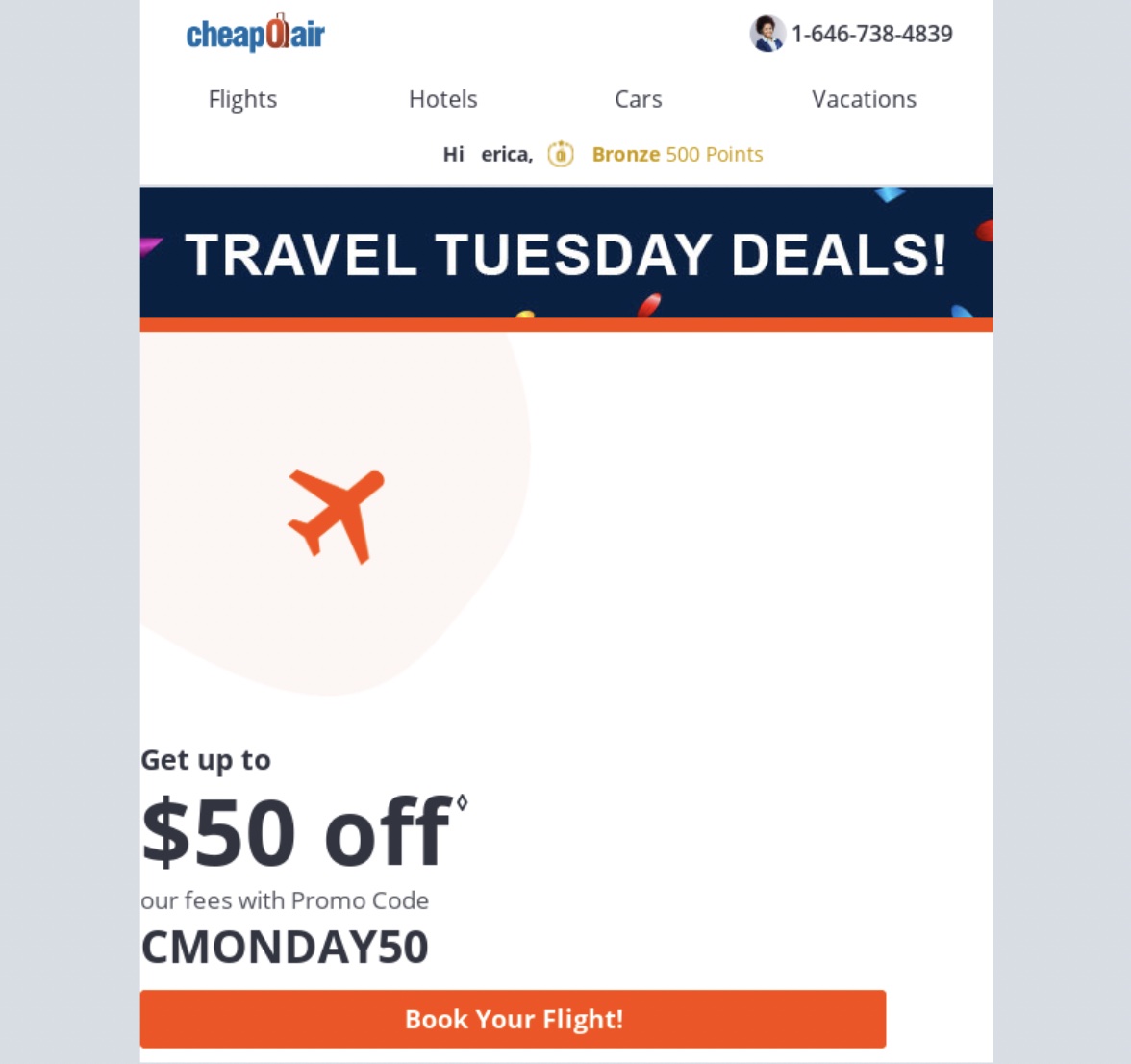 Un exemple de promotion de coupon de réduction par cheapOair