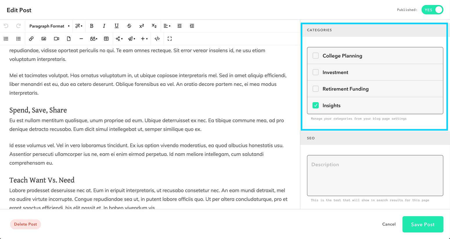 Hinzufügen von Kategorien zu Ihrem Blogbeitrag