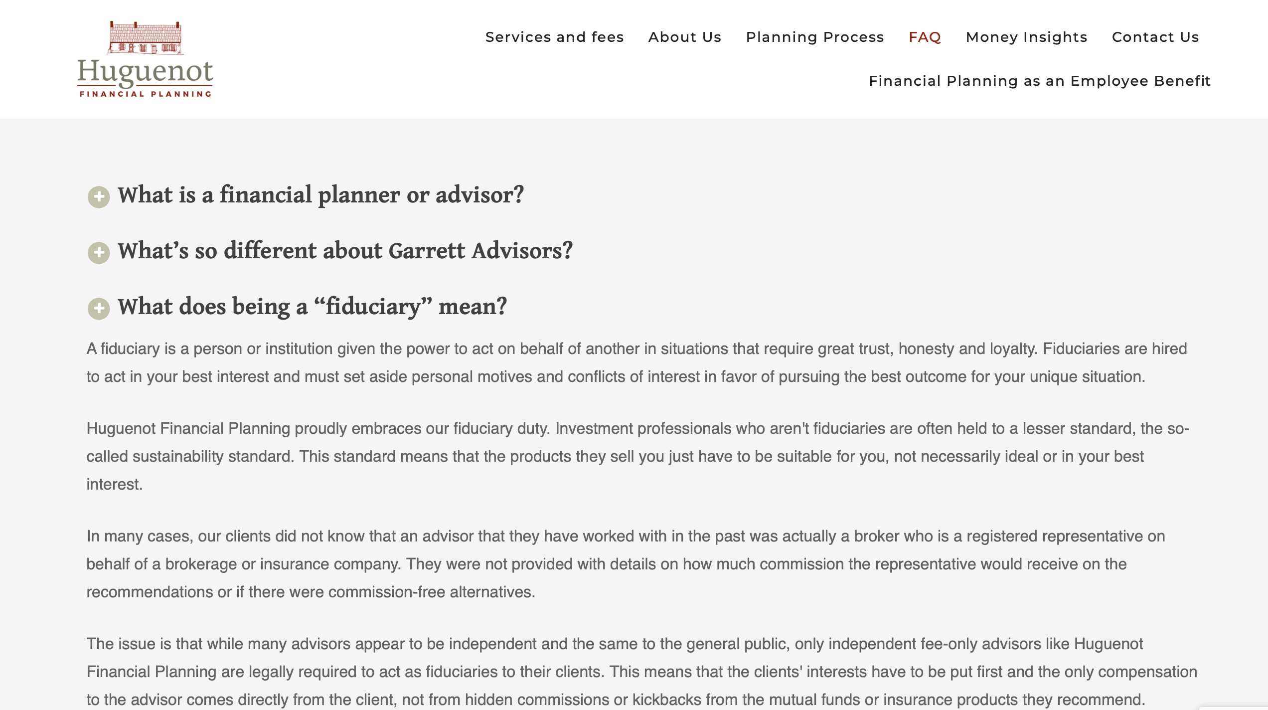 Huguenot Financial Planning FAQ Seite Beispiel