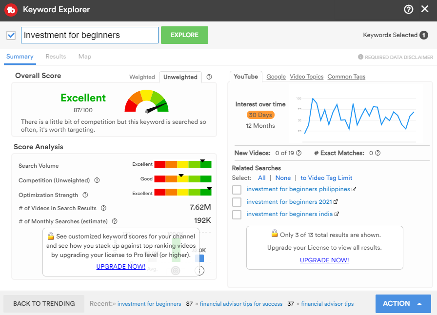 ตัวอย่างคำค้นหาของ Tubebuddy