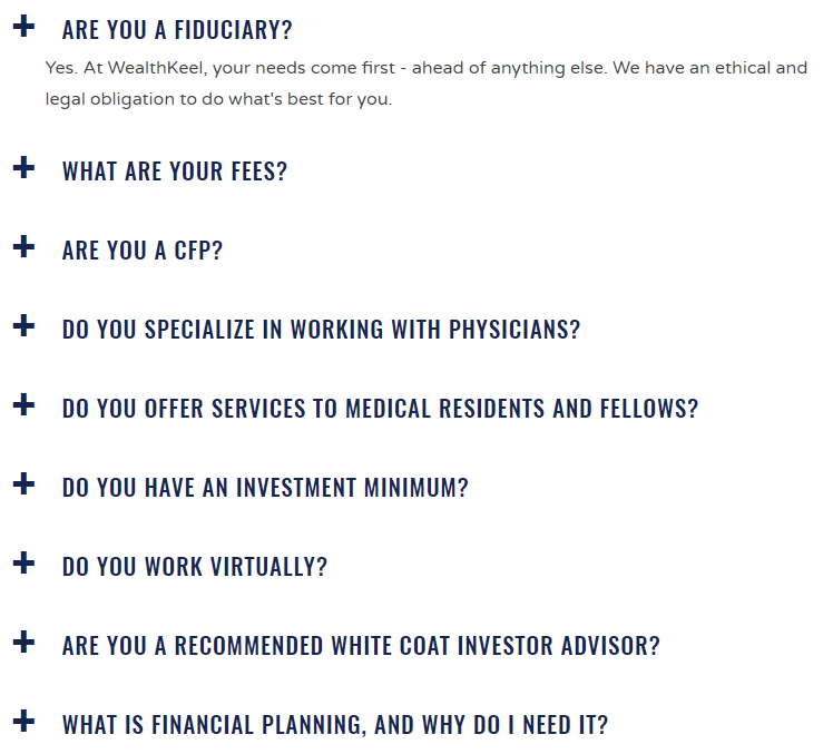 Exemplu de pagină de întrebări frecvente WealthKeel