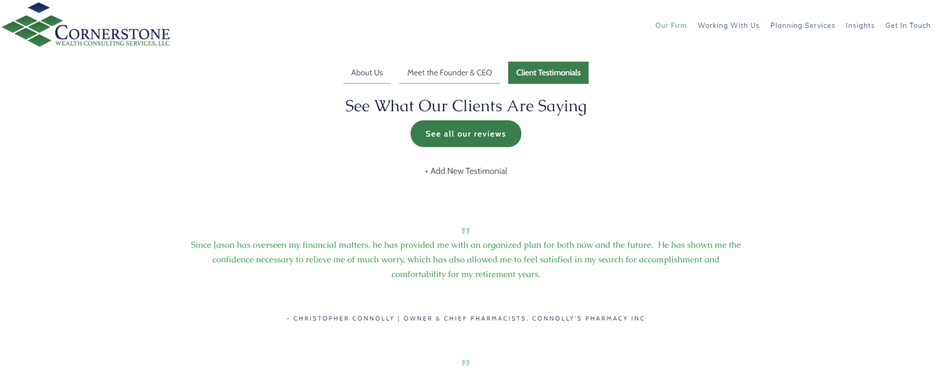 Halaman Kesaksian Layanan Konsultasi Kekayaan Cornerstone