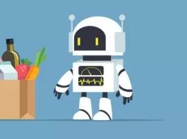 Gambar robot berjalan menuju sekantong belanjaan, terlihat dua arah mengantisipasi kebutuhan pembelanja. Adopsi belanja e-grocery telah meroket. Tren e-grocery teratas yang harus diperhatikan pengecer termasuk alat AI, pengiriman drone, keamanan data, dan makanan siap saji.