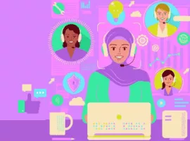 一群戴着耳机的女企业家通过电话会议和网络会议或在线交谈，表明如何改善电子商务中的客户服务