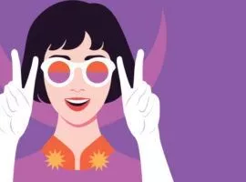 一位庆祝的顾客微笑着分享关于品牌优质客户服务的和平标志。