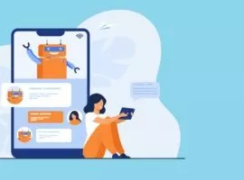 最高のオムニチャネル小売戦略を表す電話スクリーンの画像は、顧客にとって最も重要なチャネルに焦点を当て、シームレスな顧客体験を提供します。チャットボットとその隣に小売店でのパーソナライズを表すモバイルデバイスを持っている女性を表示する