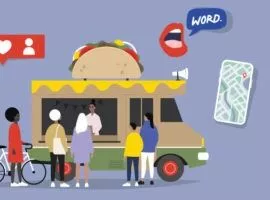 Image d'un food truck entouré de clients d'ethnies et de sexes différents. Au-dessus du camion apparaissent des symboles représentant les services sociaux, de messagerie électronique, de bouche à oreille et de localisation représentant les nombreuses facettes des services à la clientèle. Service client partout où les clients le souhaitent.